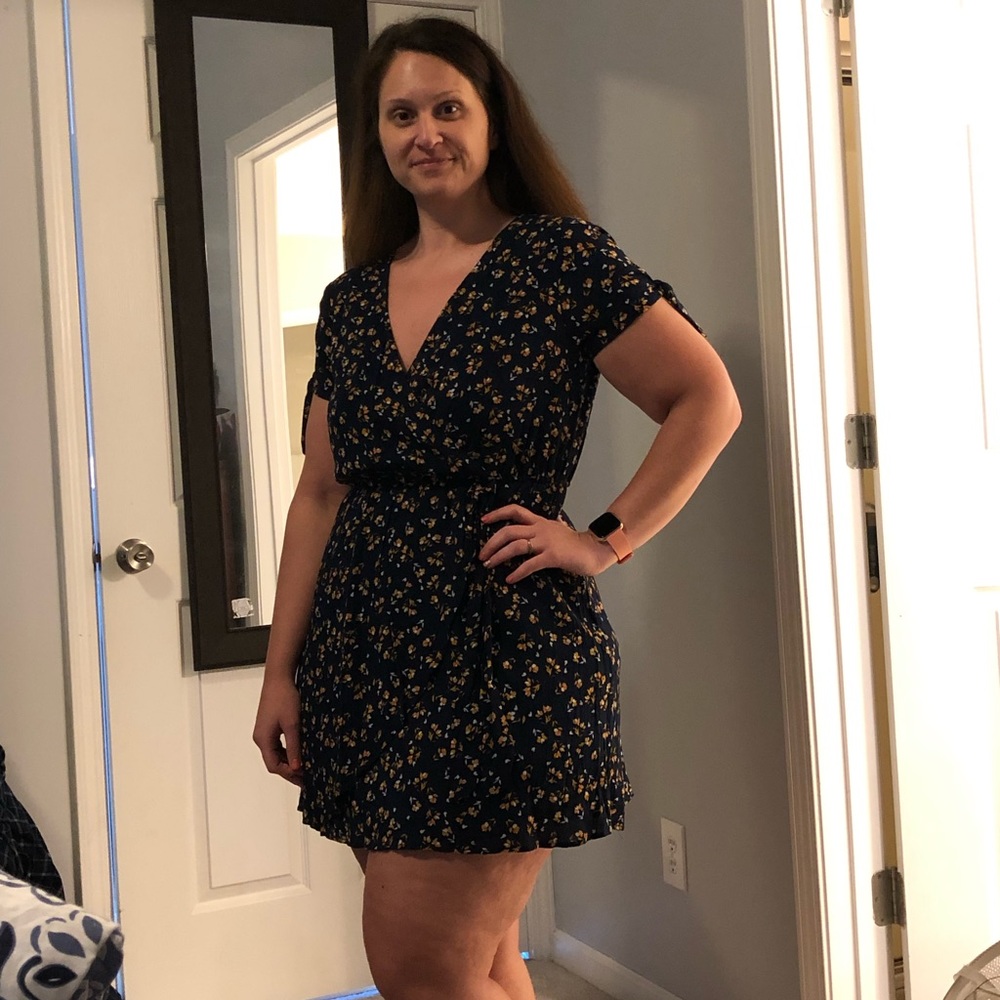 Navy floral dress with tie sleeves